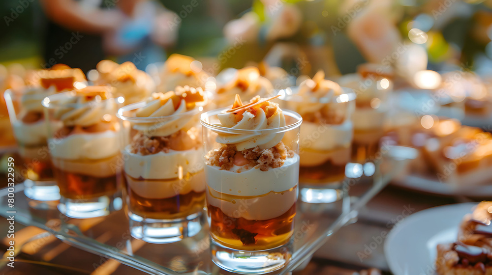 Trifles with caramel sauce and vanilla cream in glasses on a wedding table with white plates