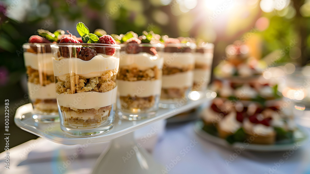 Trifles with caramel sauce and vanilla cream in glasses on a wedding table with white plates Trifles with caramel sauce and vanilla cream in glasses on a wedding table with white plates