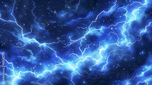Image with bright lightning in the center against a dark blue background . Concept Lightning, Bright, Dark Blue, Centered, Atmospheric