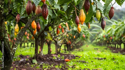 Vibrant Cacao Plantation with Ripe Cocoa Pods Hanging from Lush Green Trees photo