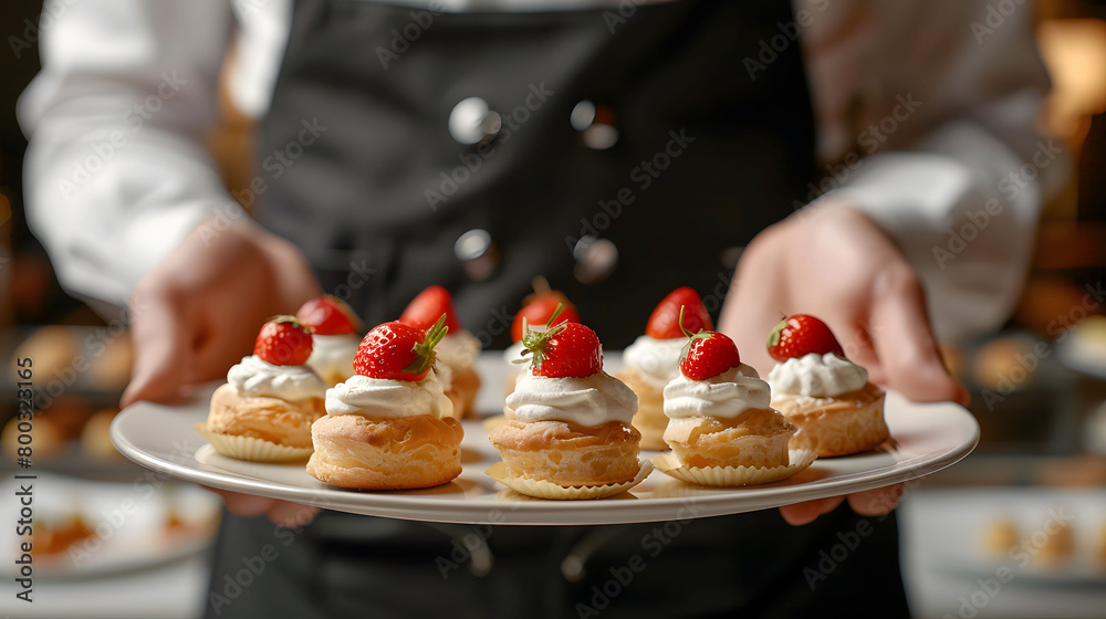 Puff pastry strawberry cream puffs with strawberries and whipped cream on a plate held by waitress
