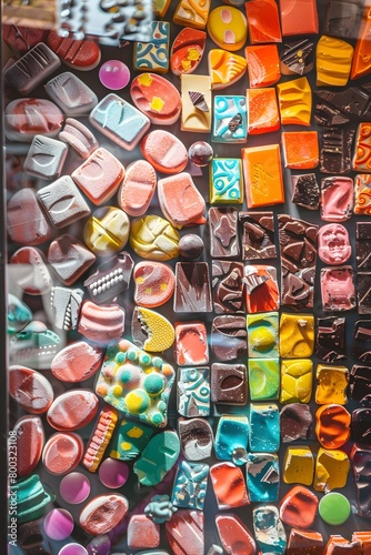 Colorful Vintage Candy Store Window Display with Assorted Chocolate Bars and Sweets