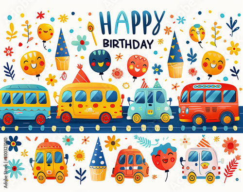 A birthday card with cars, trucks and buses on the road. On top of it is written 