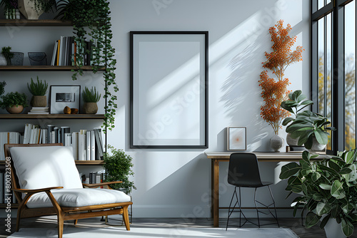 Scandinavian apartement office space in the afternoon with furniture,modern sofa white ,green plants,white walls,with interior mockup with one white photo frame in the background photo