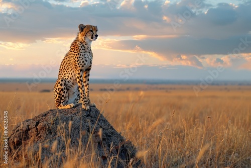 A lone cheetah surveying the savannah from atop a termite mound at dusk, embodying the solitude of the predator, Female cheetah and her four tiny cubs sitting on a large termite mound  photo