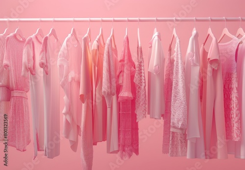 Pink clothes, including a pink Generative AI, hang on a rack