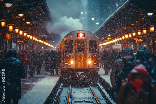 A busy train platform during a snowstorm, with passengers bundled up in winter coats and scarves, steam rising from the locomotive photo
