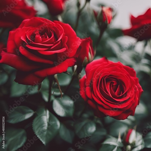 red roses blooming on a bush in a garden with green leaves