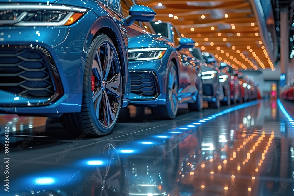A car showroom with a selection of hybrid vehicles, bridging the gap between traditional and eco-friendly cars A car showroom with a selection of hybrid vehicles, bridging the gap between traditional and eco-friendly cars