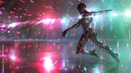 Capture a breathtaking scene of a Robotic Ballet performance, blending sleek metallic limbs with graceful movements under dynamic, shimmering lights © Pniuntg