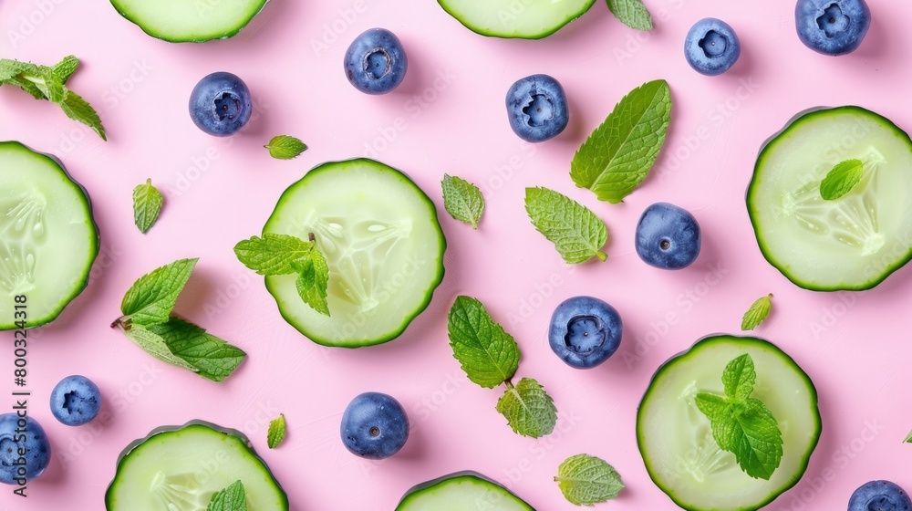 Cucumber slices with blueberries and mint generative ai
