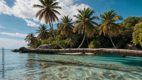 a tropical paradise with crystal clear waters and palm trees