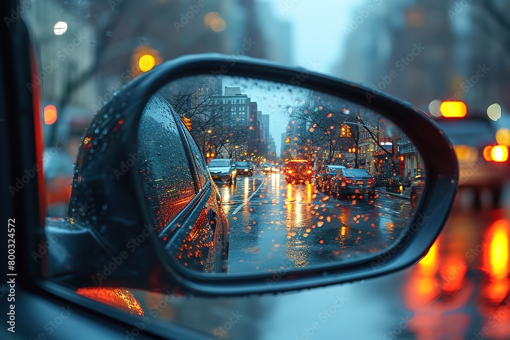 A cityscape reflected in the side mirror of a car, showcasing the ever-changing urban landscape A cityscape reflected in the side mirror of a car, showcasing the ever-changing urban landscape