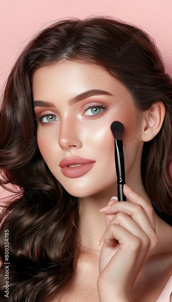 Elegant woman with long curly brown hair holding makeup brush on soft pastel background for text Elegant woman with long curly brown hair holding makeup brush on soft pastel background for text
