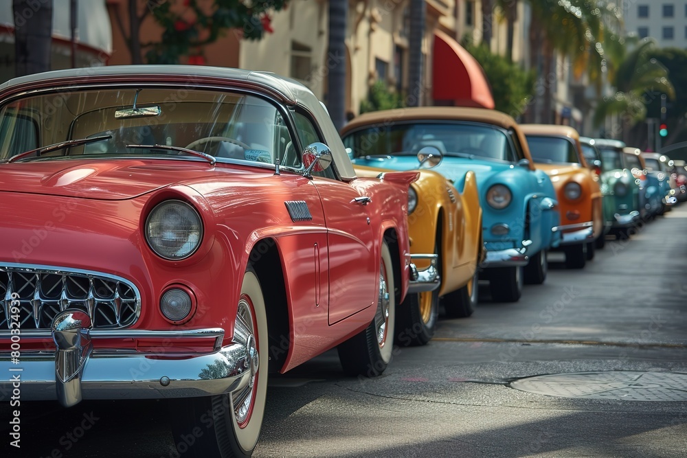 A classic car parade, featuring a diverse lineup of vintage vehicles, each with its own unique charm