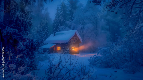 Log cabin on a winter night photo