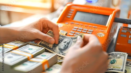 Totaling hundreds of dollars by counting money in a currency checker. Concept Budgeting, Currency counting, Financial management, Money handling, Saving strategies