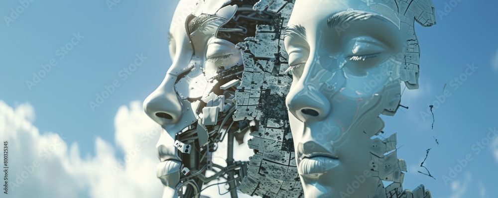 Fragmented robot faces with a sky background. Conceptual digital art depicting AI evolution and machine learning.