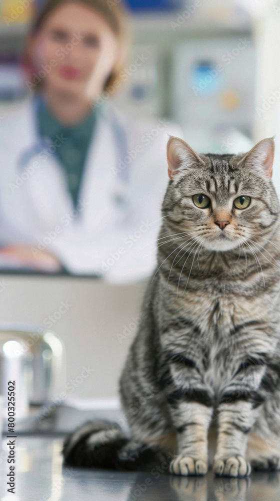 Vet clinic concept. Cat visiting veterinarian clinic, pet health care and diseases medical treatment, veterinary doctor examining kitty in hospital. Animal vaccination, consultation appointment visit.