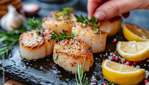 Fine dining chef grilling scallops in creamy butter lemon or cajun sauce with herbs photo
