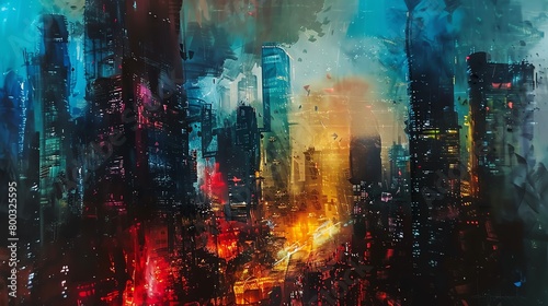 Capture the eerie allure of a dystopian cityscape from an eye-level angle, using a mix of oil paints to create a surreal, abstract vibe with twisted architecture and neon lights