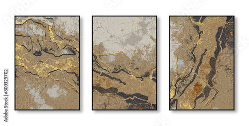 Abstract art watercolor painting, stylish modern art, triptych, flowers, texture, gold