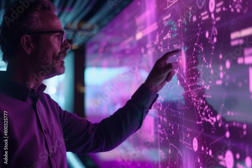 Device screen man in his 40s in front of a interactive digital board with an entirely purple screen