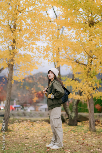 Asian woman in casual dress smiles amid colorful ginkgo leaves, embracing the beauty of the season. A joyful and relaxed portrait. © Jirawatfoto
