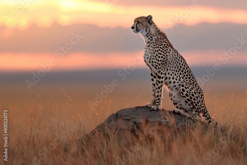 A lone cheetah surveying the savannah from atop a termite mound at dusk, embodying the solitude of the predator, Female cheetah and her four tiny cubs sitting on a large termite mound 