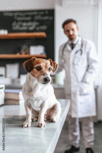 Vet clinic concept. Dog visiting veterinarian clinic, pet health care and diseases medical treatment, veterinary doctor examining doggy in hospital. Animal vaccination, consultation appointment visit.