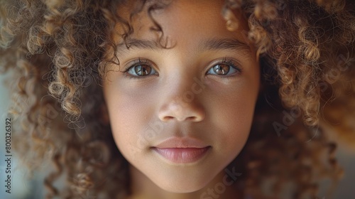 A close up of a young girl with curly hair and brown eyes, AI