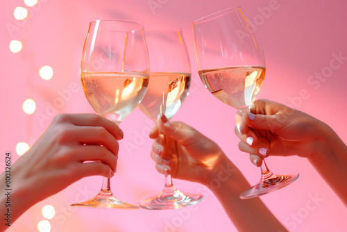 Raised wine glasses on pink background. Company of friends on vacation. Party, wedding, holiday, summer vacation