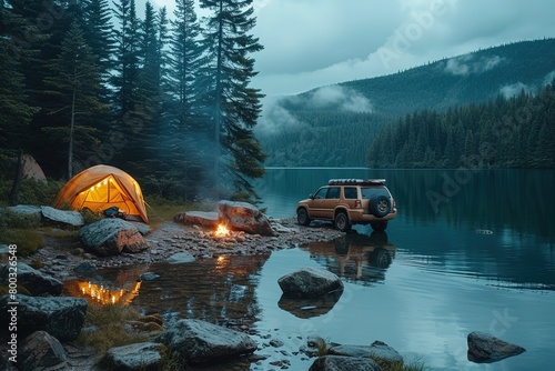 A family SUV parked at a serene lakeside campsite, with a tent pitched nearby and a campfire crackling photo