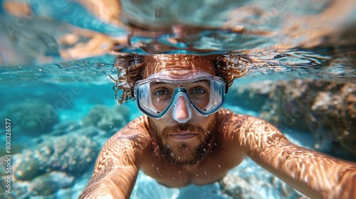 A man wearing goggles underwater in the ocean, AI