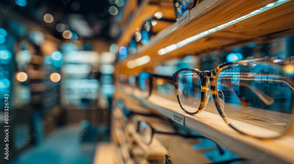 Blurry eyeglasses display in a modern optician store with blue lighting. Selection of designer