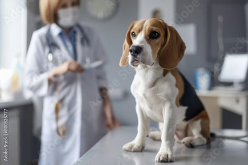 Vet clinic concept. Dog visiting veterinarian clinic, pet health care and diseases medical treatment, veterinary doctor examining doggy in hospital. Animal vaccination, consultation appointment visit.
