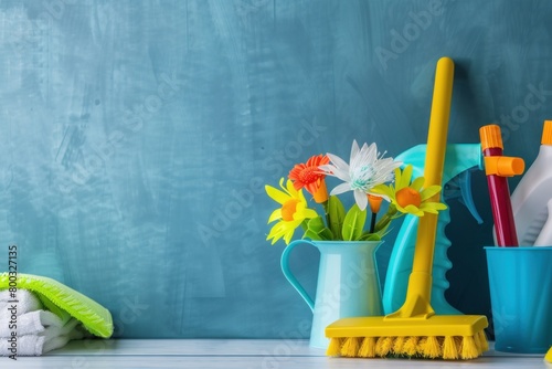 A cheerful arrangement of cleaning tools and supplies against a vibrant blue background can evoke a sense of freshness and cleanliness photo