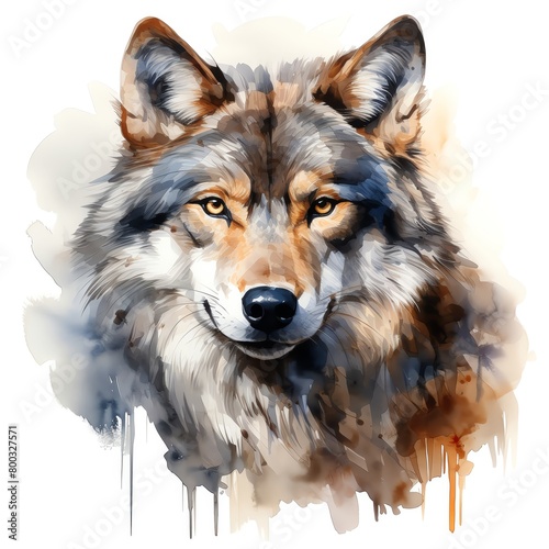 A watercolor painting of a wolf s face