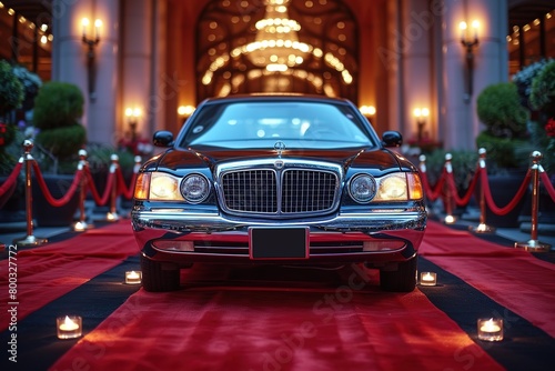 A luxury limousine parked in front of a grand red carpet event, ready to escort VIPs in style photo