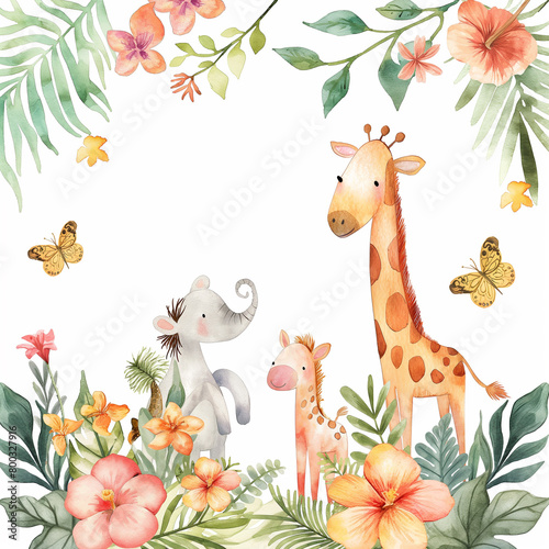 Safari Animals heds Floral Tropical Flower Girl Nursery Wall Art Watercolor