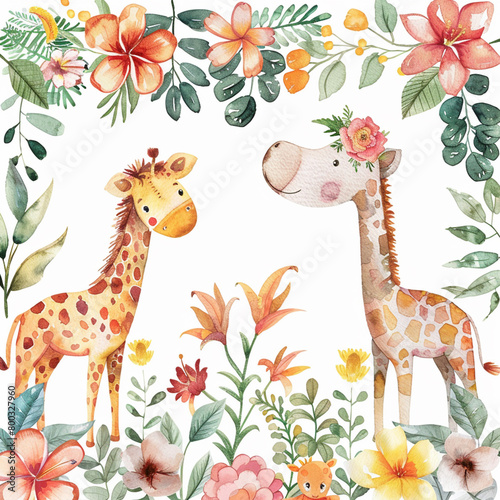 Safari Animals heds Floral Tropical Flower Girl Nursery Wall Art Watercolor