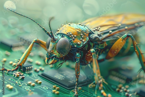 an insect exploring a CPU chip, highlighting the concept of software bugs, set against a gentle pastel green background © ontsunan