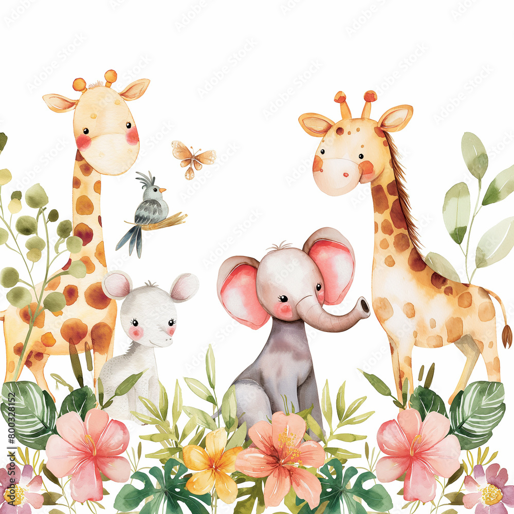 Naklejka premium Safari Animals heds Floral Tropical Flower Girl Nursery Wall Art Watercolor