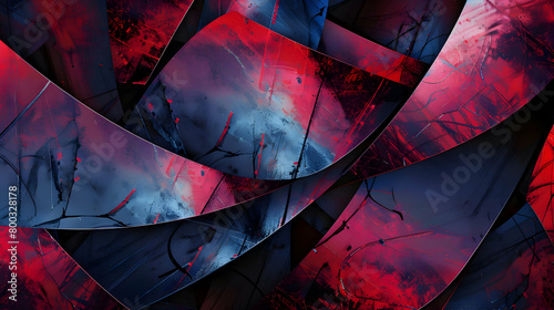 High-resolution image of an abstract pattern composed of large angular shapes in a dynamic red and blue color scheme, resembling a contemporary digital artwork photo