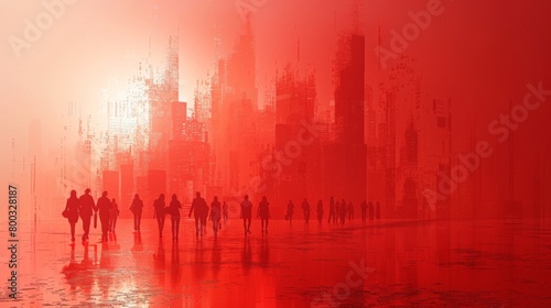 A group of people walking in a city with red sky, AI