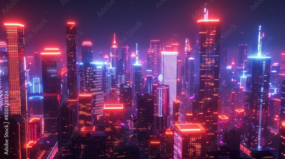 3D render of a futuristic cityscape, glowing neon lights with dramatic high contrast and vivid colors