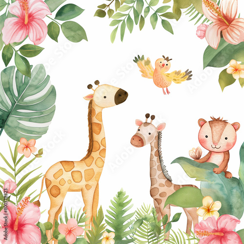 Safari Animals heds Floral Tropical Flower Girl Nursery Wall Art Watercolor © lukshan