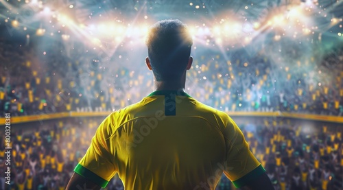 Football, un homme de dos regardant le stade, portant un maillot jaune et vert.