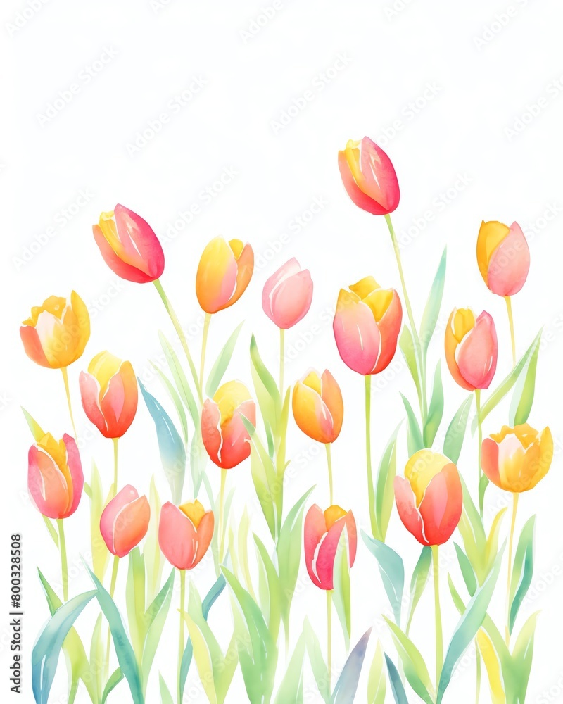 A watercolor painting of red and yellow tulips. A watercolor painting of red and yellow tulips.