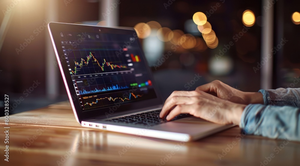 Une personne utilisant un ordinateur portable pour interagir avec des données financières à l'écran. Une personne utilisant un ordinateur portable pour interagir avec des données financières à l'écran.